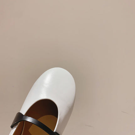 JACQUEMUS 26S MARY JANE FLATS IN WHITE AND BLACK CALFSKIN