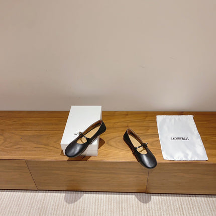JACQUEMUS 26S MARY JANE FLATS IN BLACK CALFSKIN