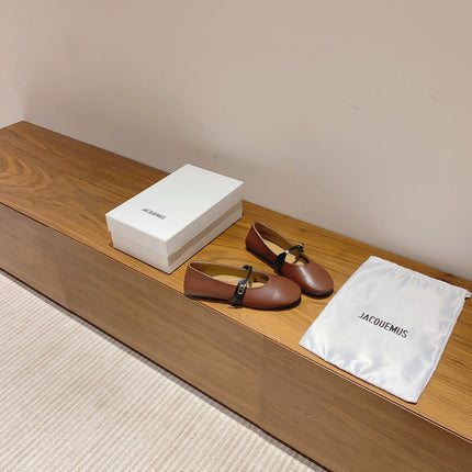 JACQUEMUS 26S MARY JANE FLATS IN BROWN CALFSKIN