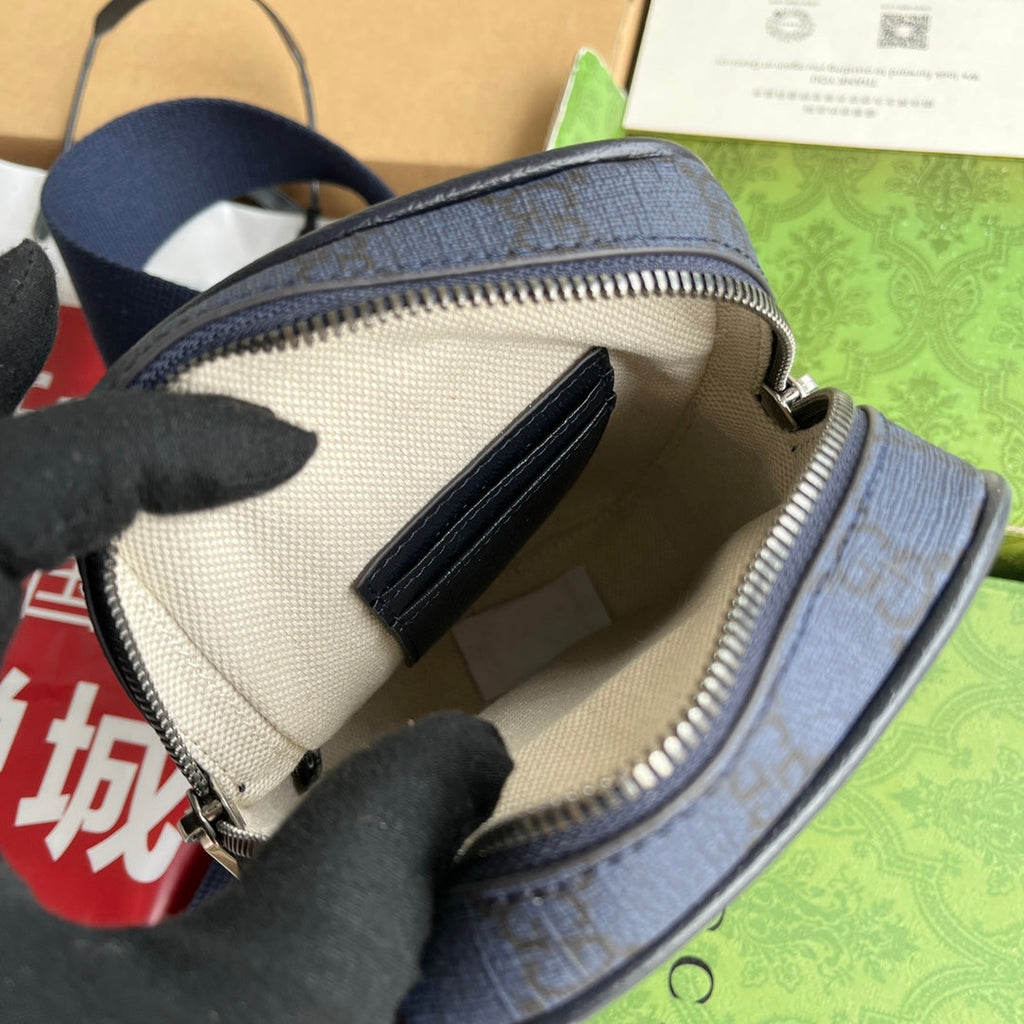 OPHIDIA MINI BAG 18 IN DARK BLUE MONOGRAM CANVAS AND BLACK LAMBSKIN TRIM