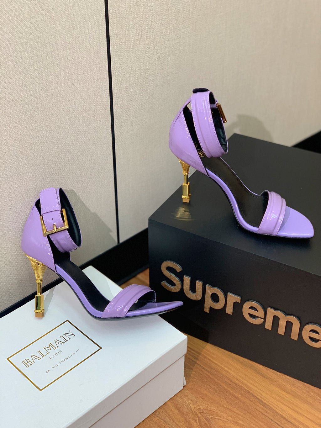 BALMAIN 26S METAL-HEEL SANDALS 105 MM IN PURPLE CALFSKIN