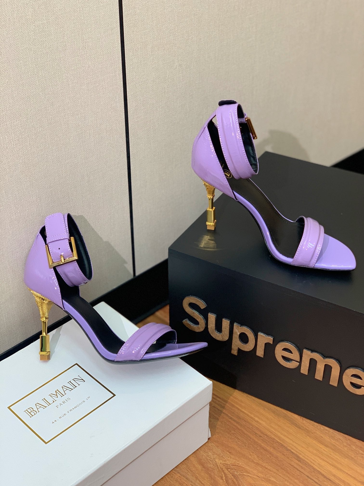 BALMAIN 26S METAL-HEEL SANDALS 105 MM IN PURPLE CALFSKIN