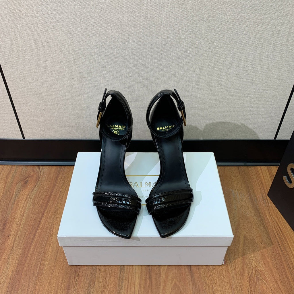 BALMAIN 25S SQUARE STRAP HIGH HEELS 100MM IN BLACK PATENT CALFSKIN