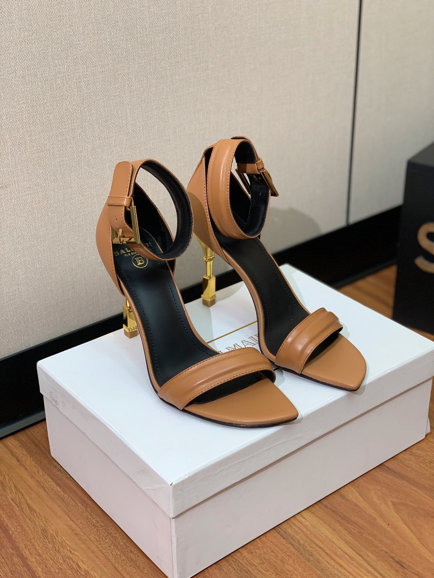 BALMAIN 26S METAL-HEEL SANDALS 105 MM IN BROWN CALFSKIN