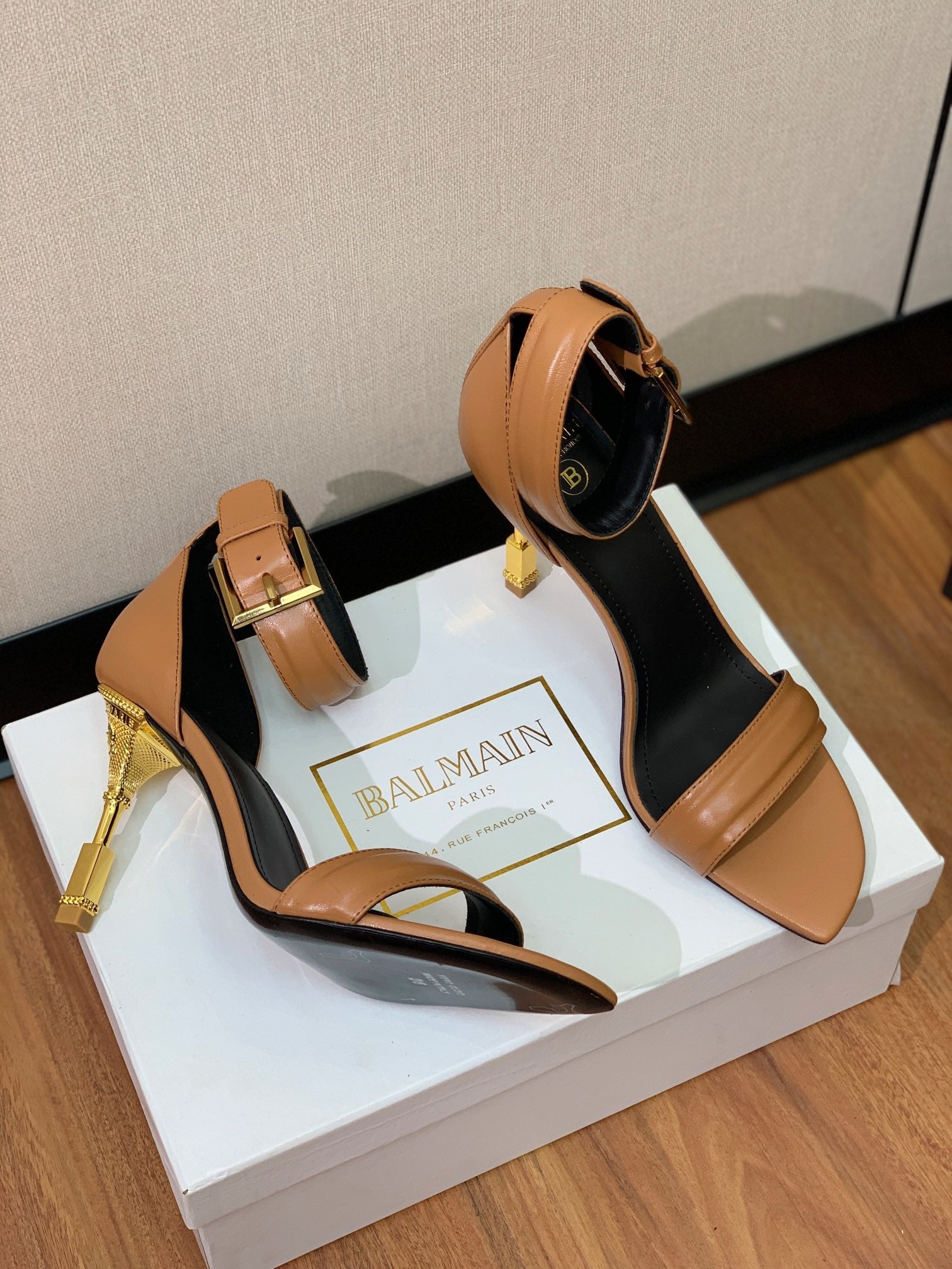 BALMAIN 26S METAL-HEEL SANDALS 105 MM IN BROWN CALFSKIN