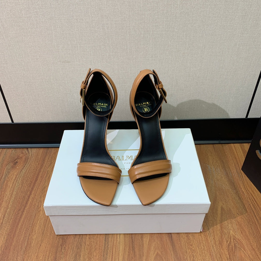 BALMAIN 26S METAL-HEEL SANDALS 105 MM IN BROWN CALFSKIN