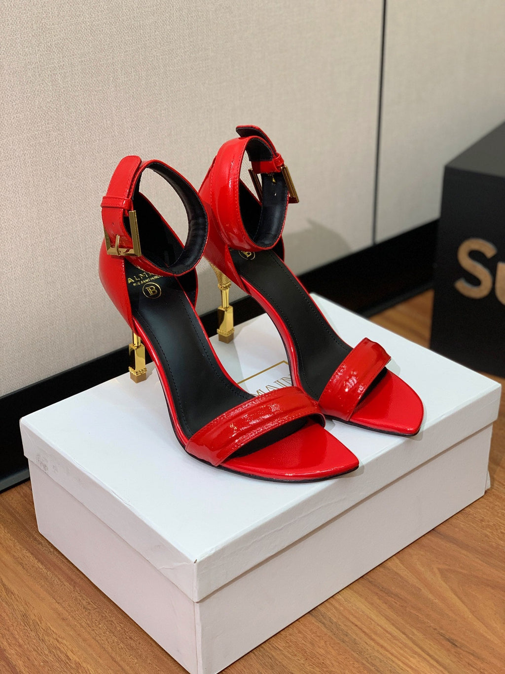 BALMAIN 26S METAL-HEEL SANDALS 105 MM IN RED CALFSKIN