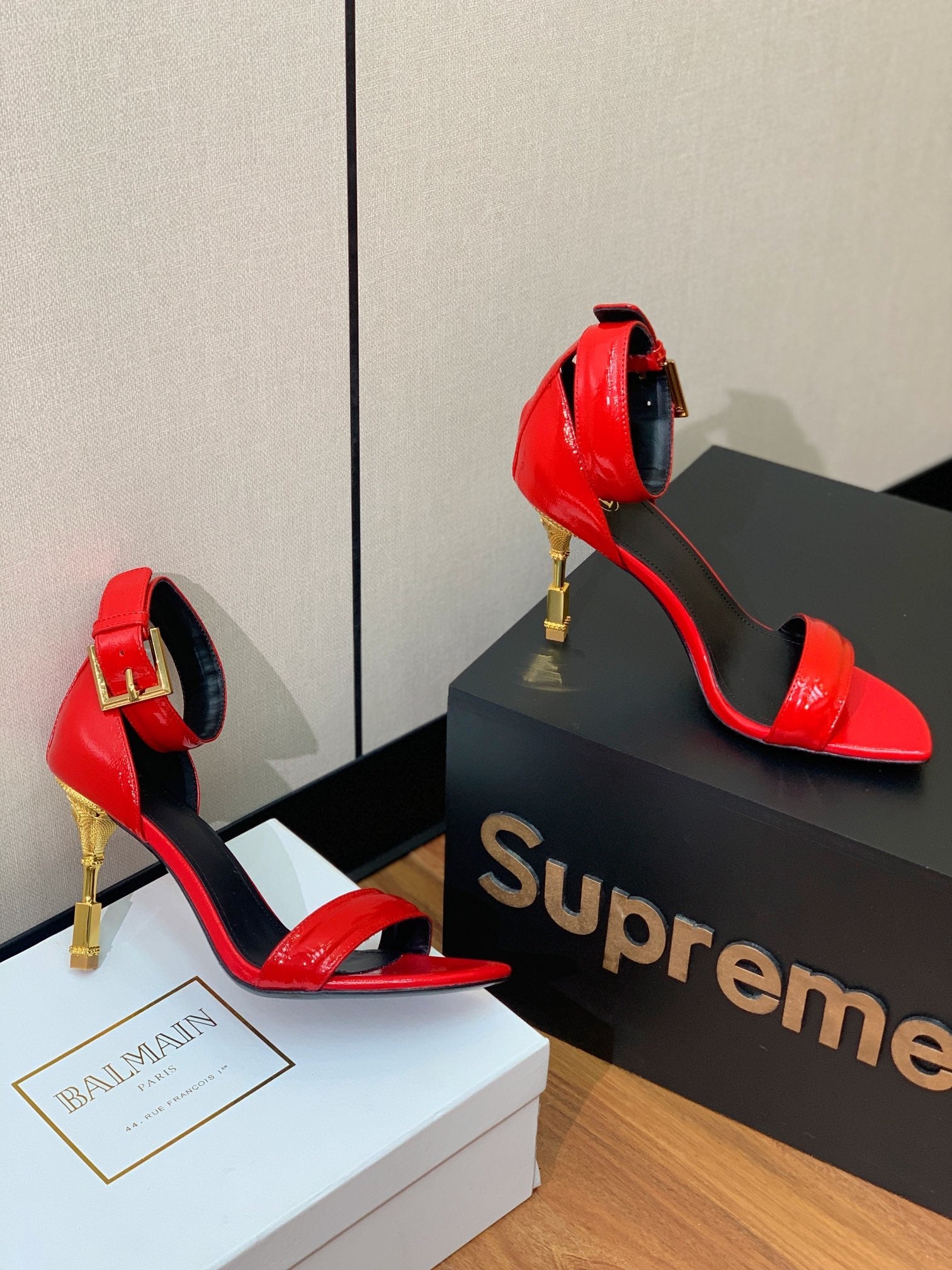BALMAIN 26S METAL-HEEL SANDALS 105 MM IN RED CALFSKIN
