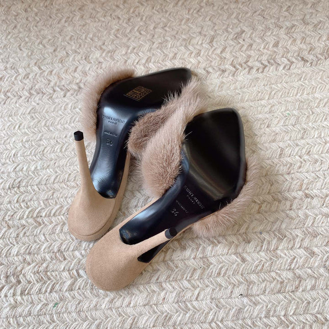 LA 16 HEELED MULES IN BEIGE RABBIT FUR AND SMOOTH LAMBSKIN