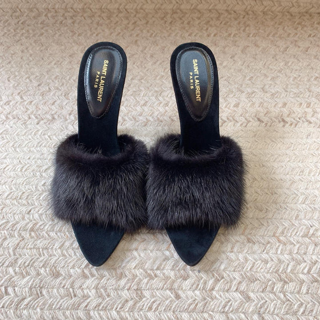LA 16 HEELED MULES IN BLACK RABBIT FUR AND SMOOTH LAMBSKIN