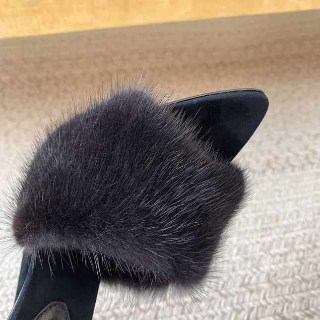 LA 16 HEELED MULES IN BLACK RABBIT FUR AND SMOOTH LAMBSKIN