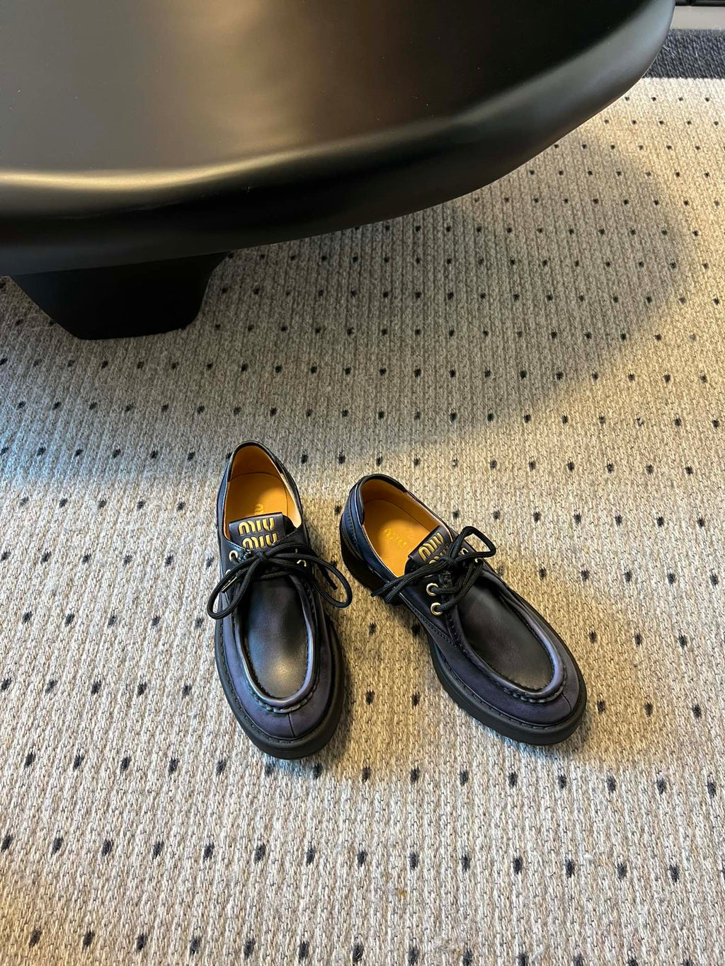 MIUMIU 26S LACED FUME SHOES IN BLACK CALFSKIN