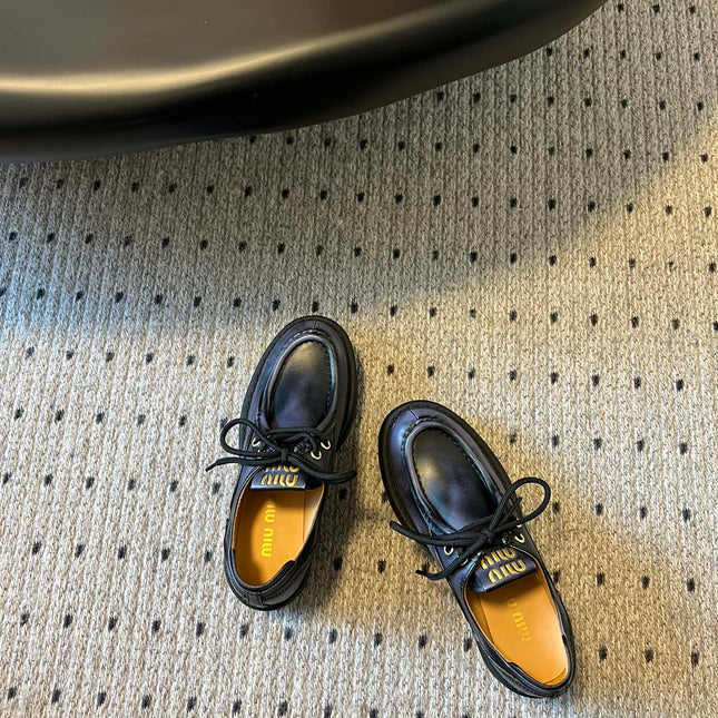 MIUMIU 26S LACED FUME SHOES IN BLACK CALFSKIN