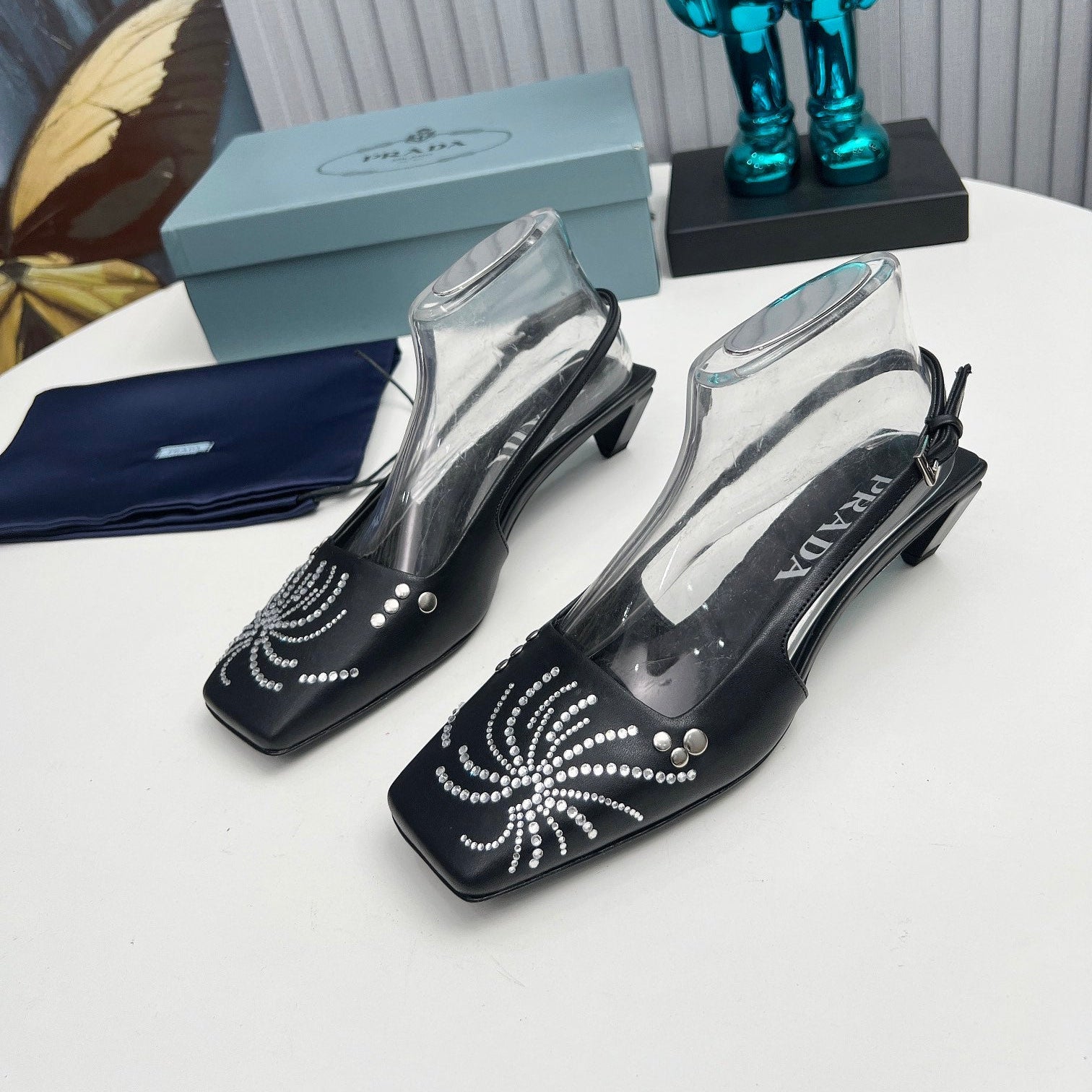 PRADA 26S SLINGBACK PUMPS 40MM IN BLACK CALFSKIN CRYSTAL EMBELLISHED