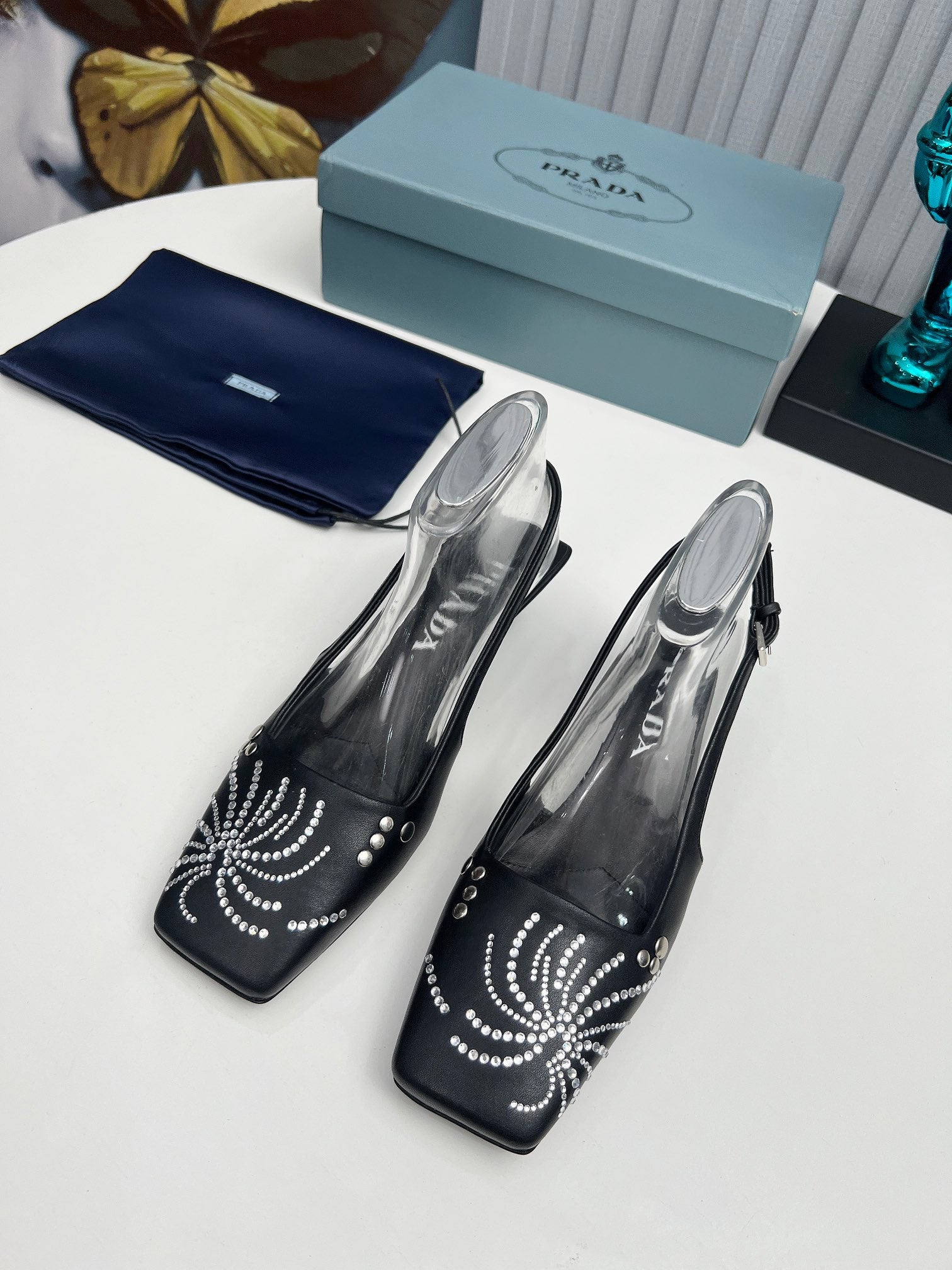 PRADA 26S SLINGBACK PUMPS 40MM IN BLACK CALFSKIN CRYSTAL EMBELLISHED