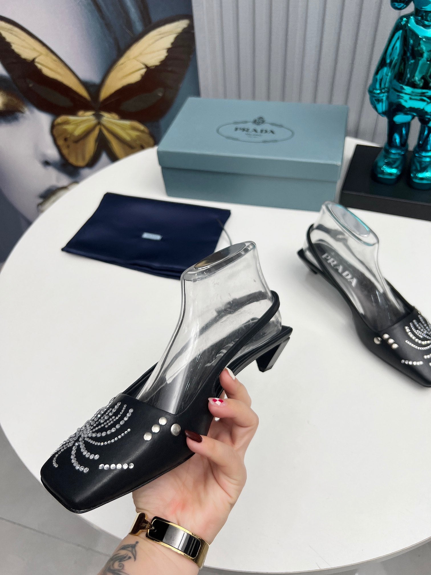 PRADA 26S SLINGBACK PUMPS 40MM IN BLACK CALFSKIN CRYSTAL EMBELLISHED