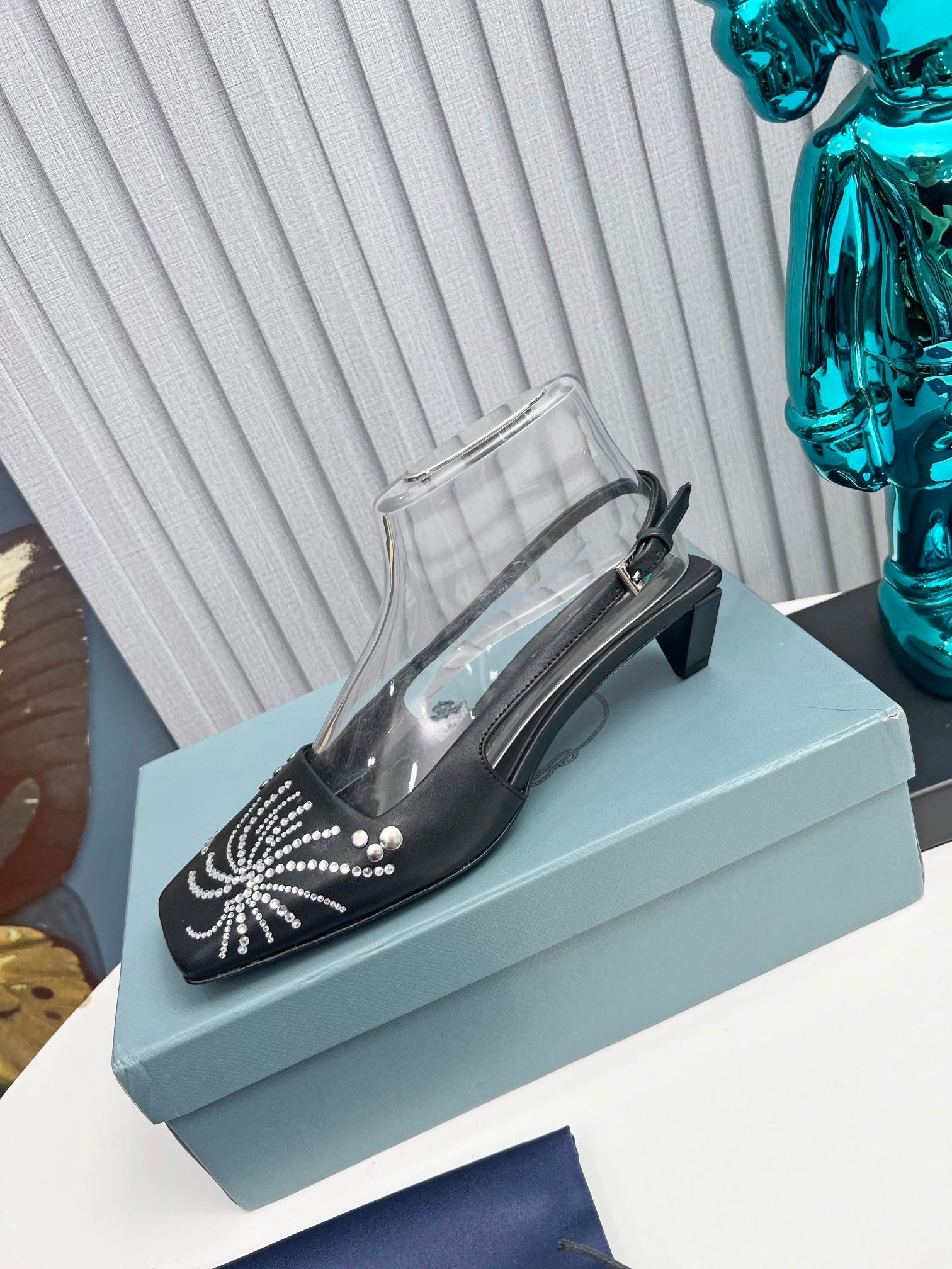 PRADA 26S SLINGBACK PUMPS 40MM IN BLACK CALFSKIN CRYSTAL EMBELLISHED