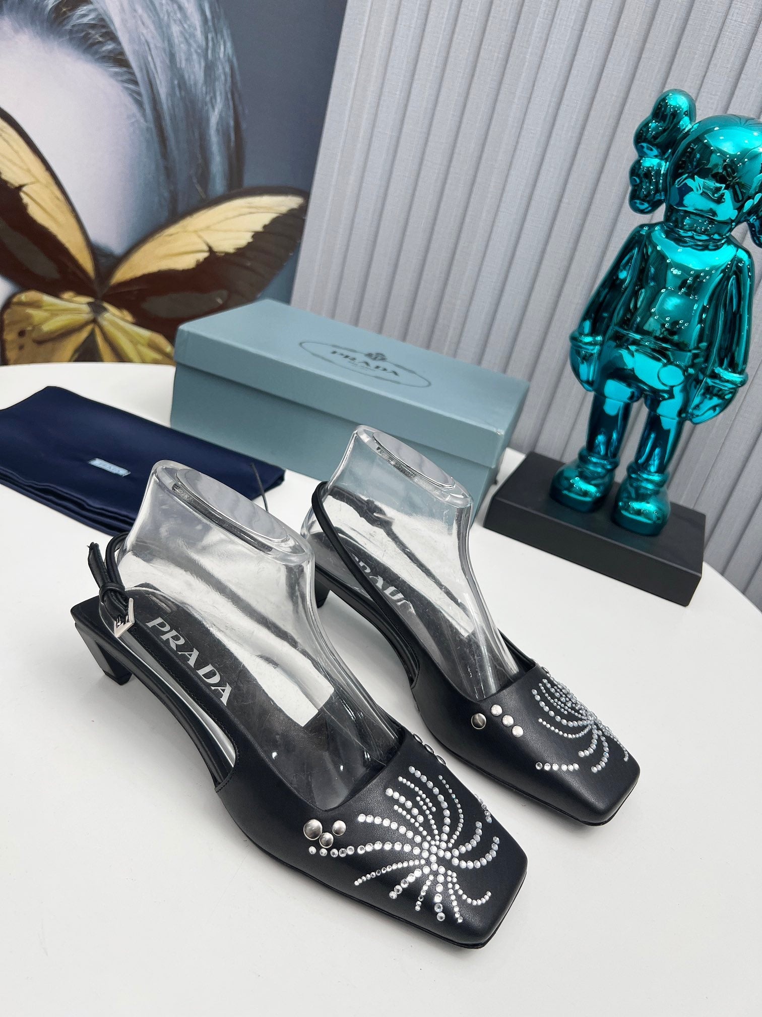 PRADA 26S SLINGBACK PUMPS 40MM IN BLACK CALFSKIN CRYSTAL EMBELLISHED