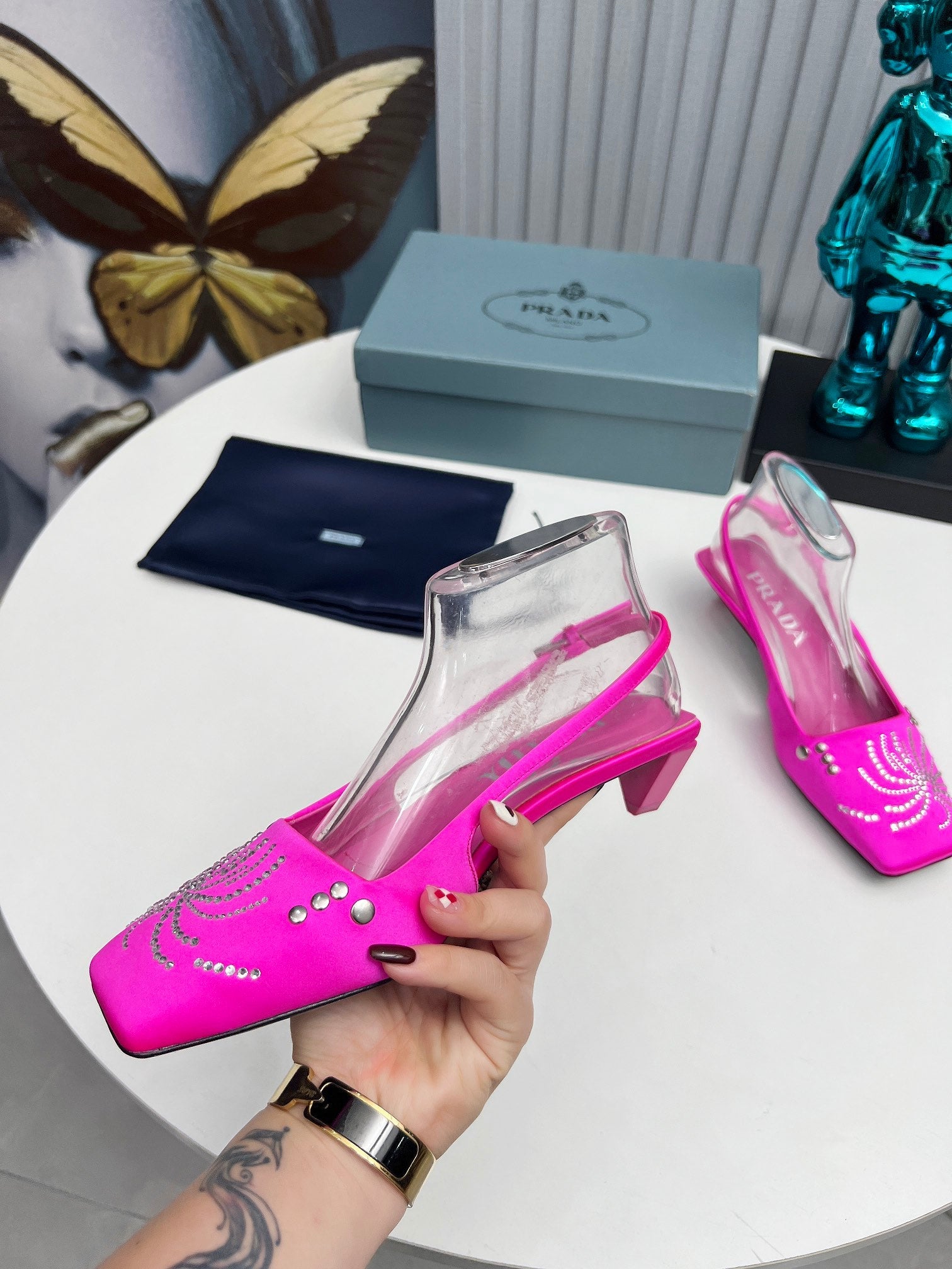 PRADA 26S SLINGBACK PUMPS 40MM IN FUCHSIA PINK SATIN CRYSTAL EMBELLISHED