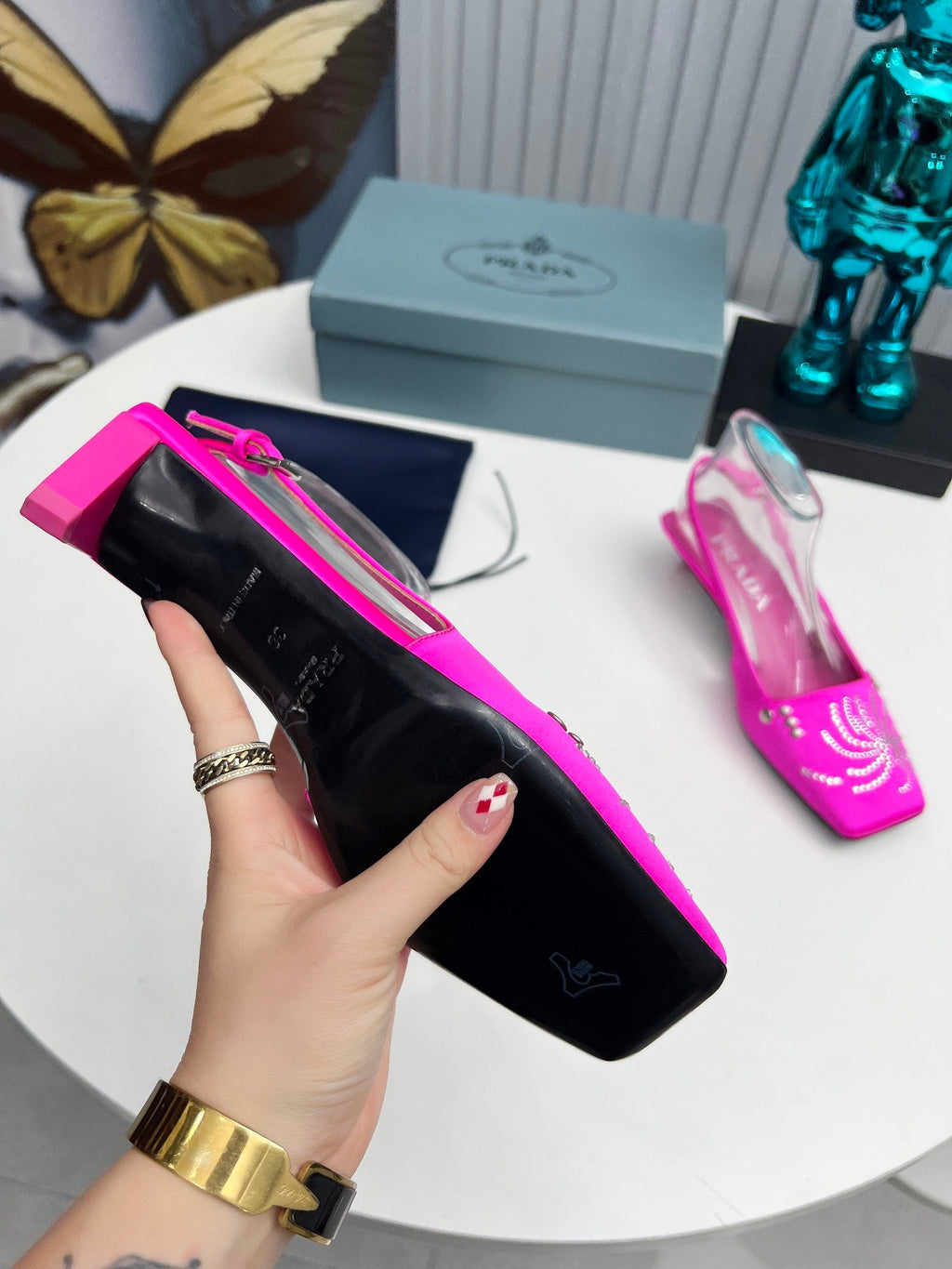 PRADA 26S SLINGBACK PUMPS 40MM IN FUCHSIA PINK SATIN CRYSTAL EMBELLISHED