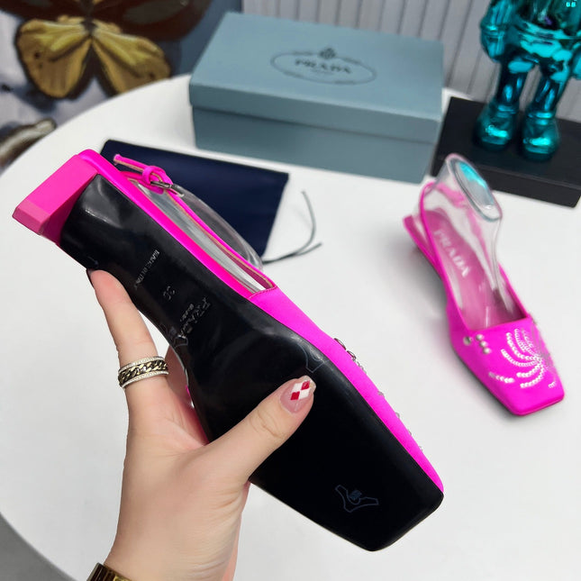 PRADA 26S SLINGBACK PUMPS 40MM IN FUCHSIA PINK SATIN CRYSTAL EMBELLISHED
