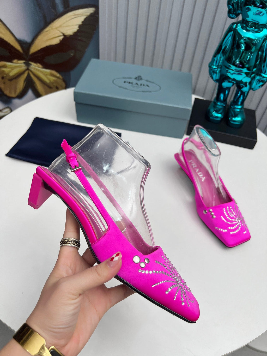 PRADA 26S SLINGBACK PUMPS 40MM IN FUCHSIA PINK SATIN CRYSTAL EMBELLISHED