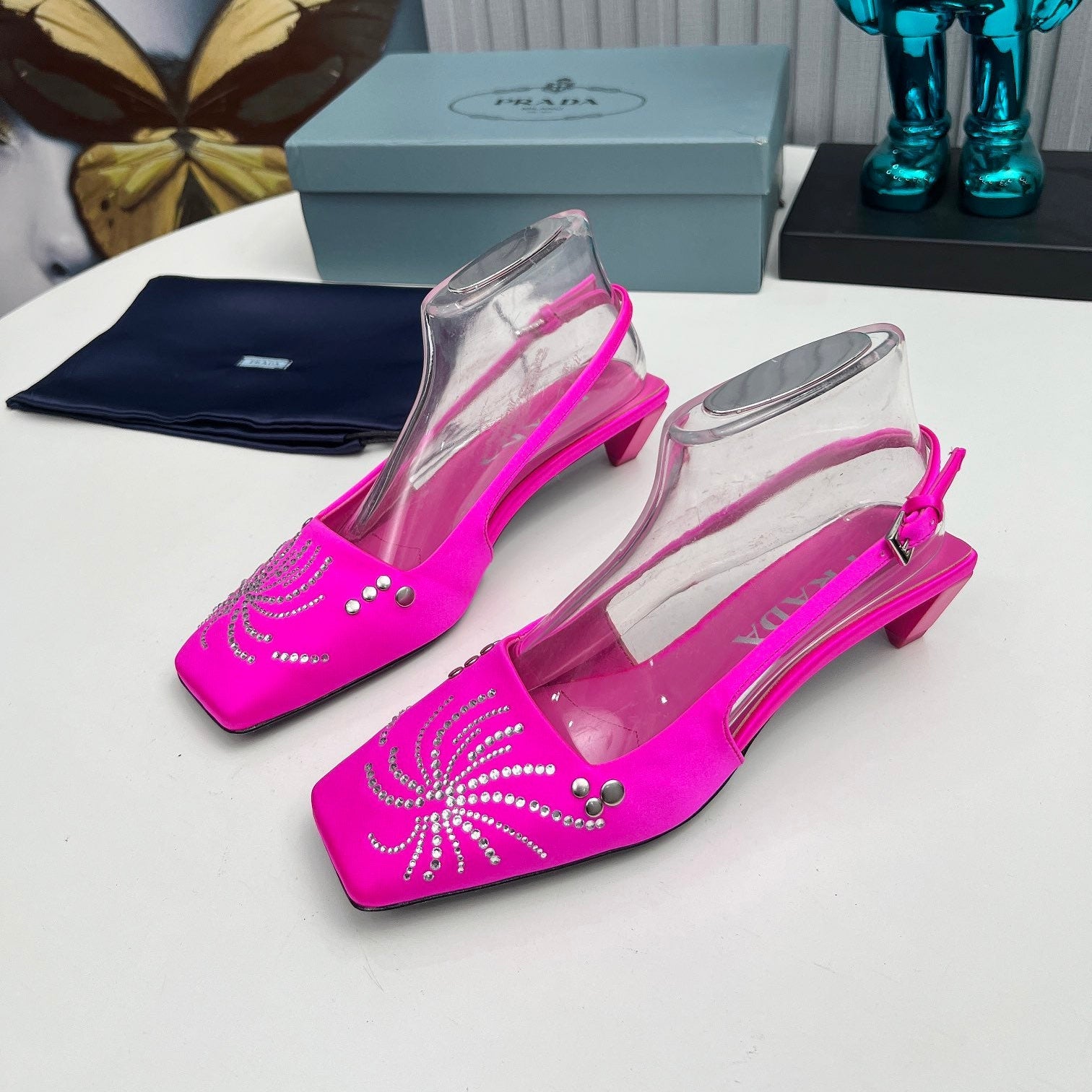 PRADA 26S SLINGBACK PUMPS 40MM IN FUCHSIA PINK SATIN CRYSTAL EMBELLISHED