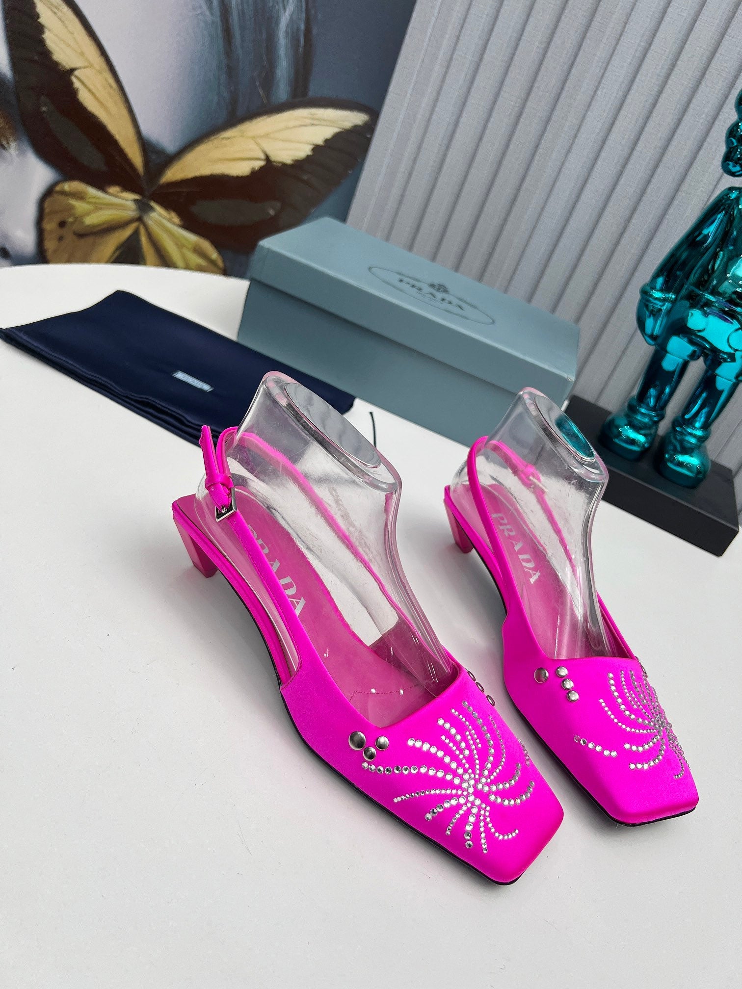 PRADA 26S SLINGBACK PUMPS 40MM IN FUCHSIA PINK SATIN CRYSTAL EMBELLISHED