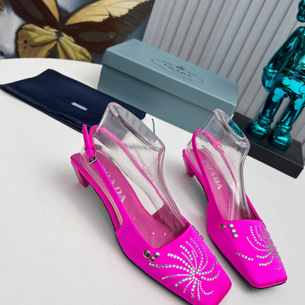 PRADA 26S SLINGBACK PUMPS 40MM IN FUCHSIA PINK SATIN CRYSTAL EMBELLISHED