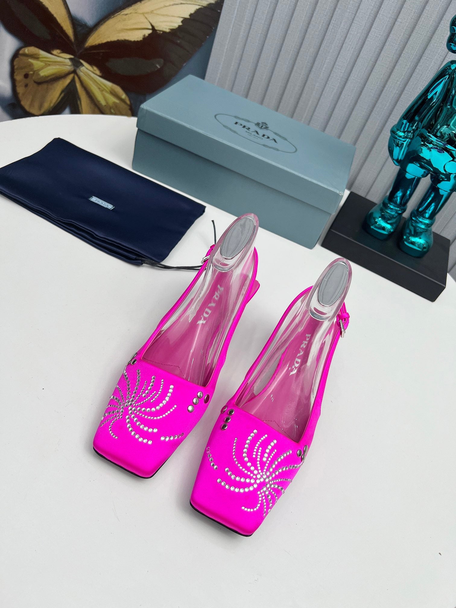 PRADA 26S SLINGBACK PUMPS 40MM IN FUCHSIA PINK SATIN CRYSTAL EMBELLISHED