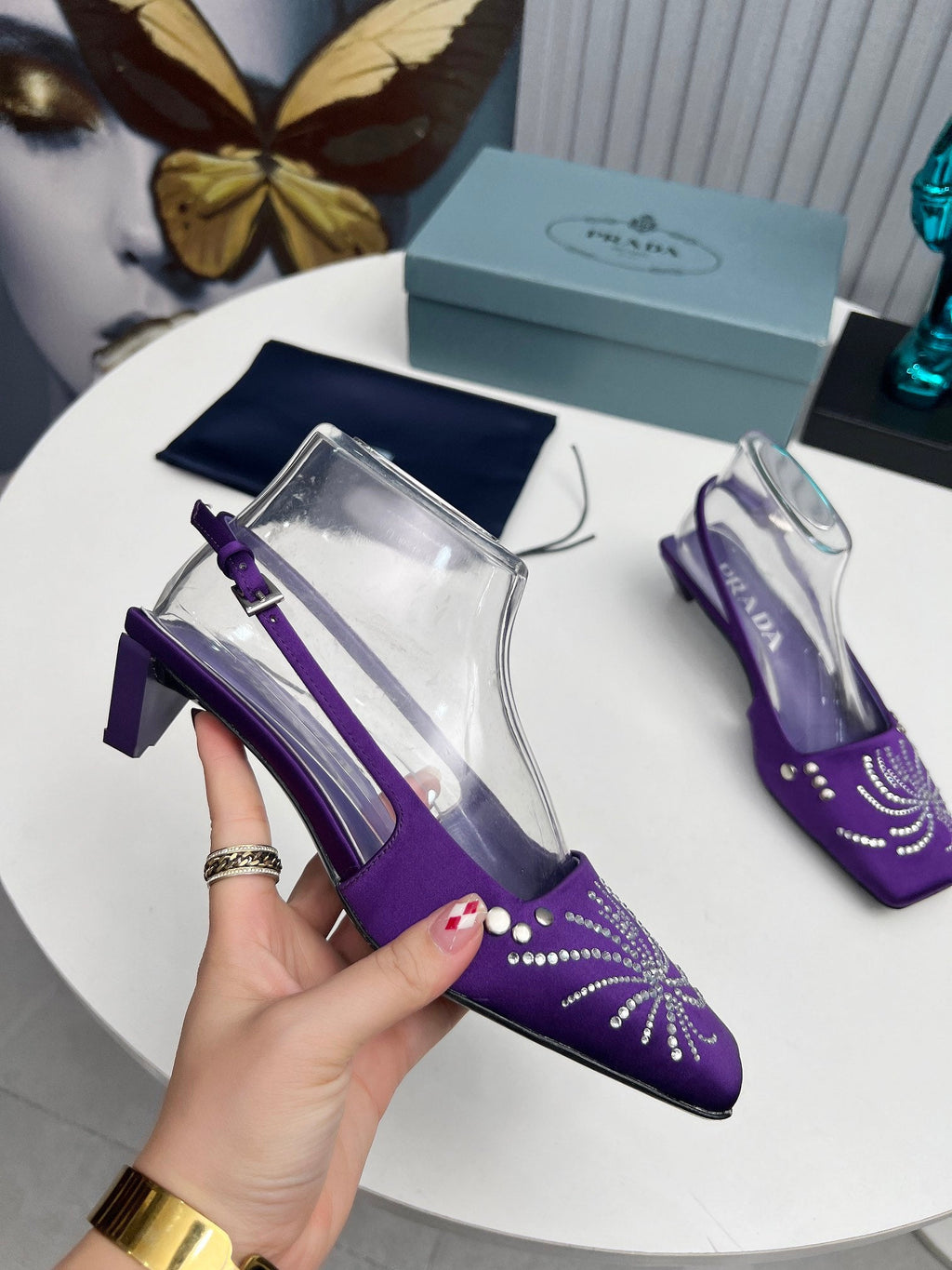 PRADA 26S SLINGBACK PUMPS 40MM IN PURPLE SATIN CRYSTAL EMBELLISHED