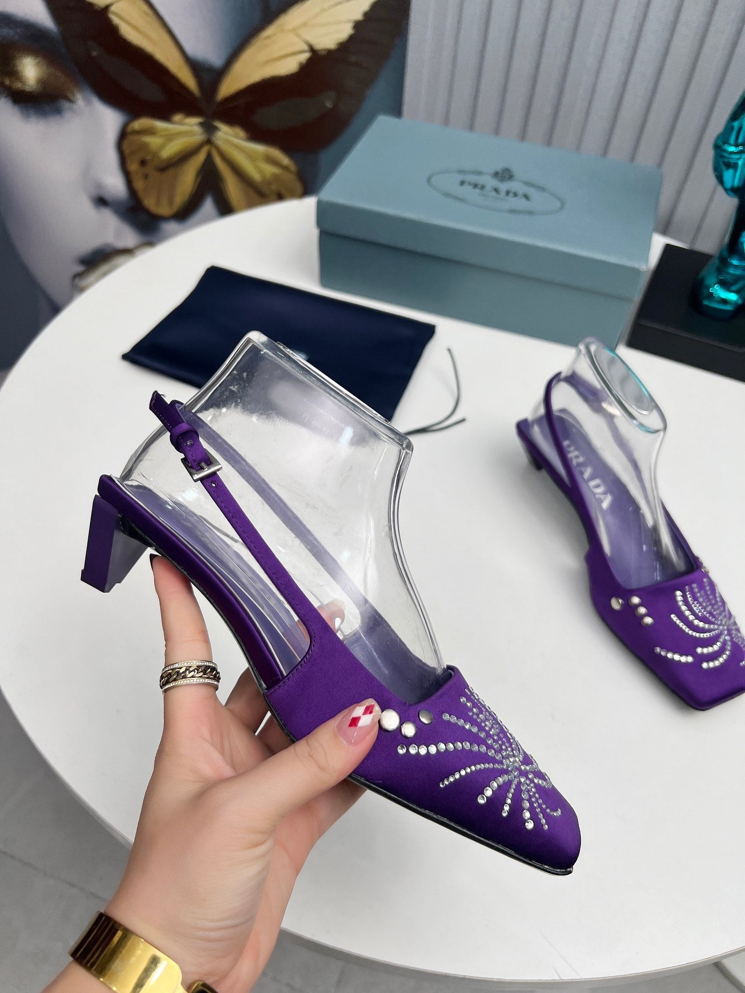 PRADA 26S SLINGBACK PUMPS 40MM IN PURPLE SATIN CRYSTAL EMBELLISHED