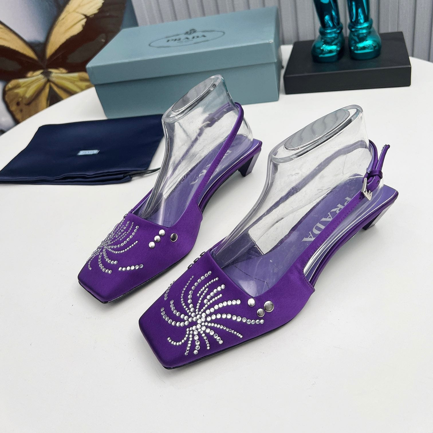 PRADA 26S SLINGBACK PUMPS 40MM IN PURPLE SATIN CRYSTAL EMBELLISHED