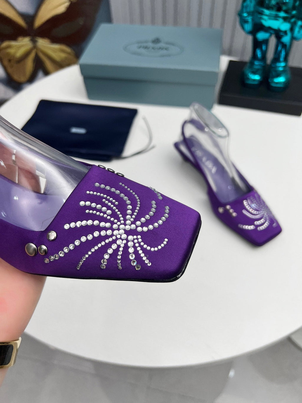 PRADA 26S SLINGBACK PUMPS 40MM IN PURPLE SATIN CRYSTAL EMBELLISHED