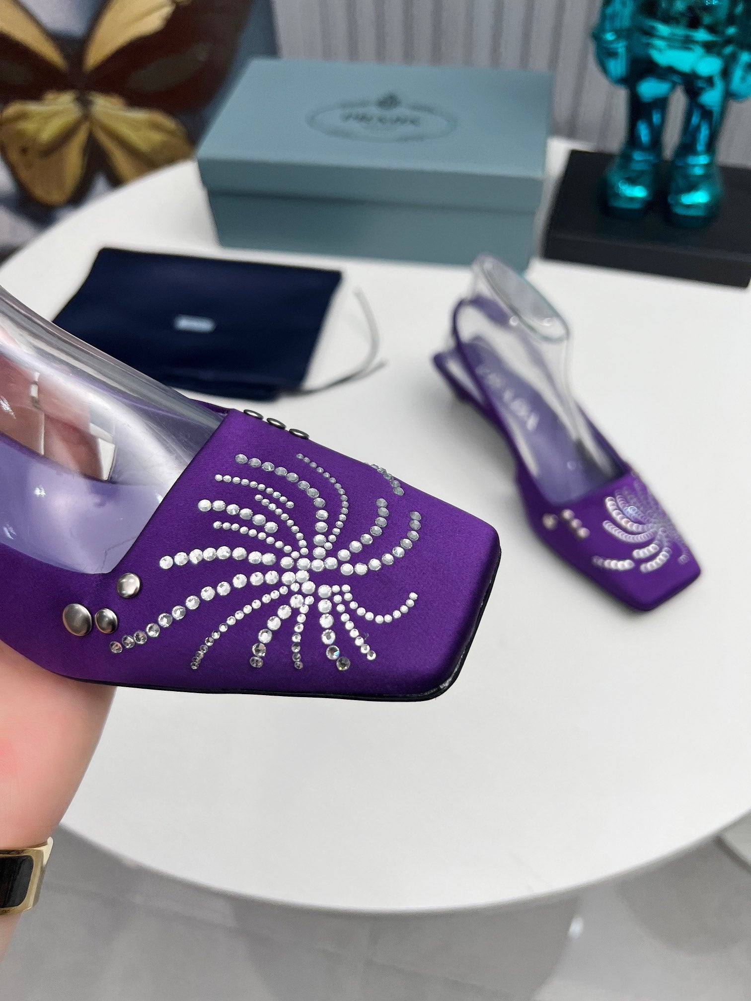 PRADA 26S SLINGBACK PUMPS 40MM IN PURPLE SATIN CRYSTAL EMBELLISHED
