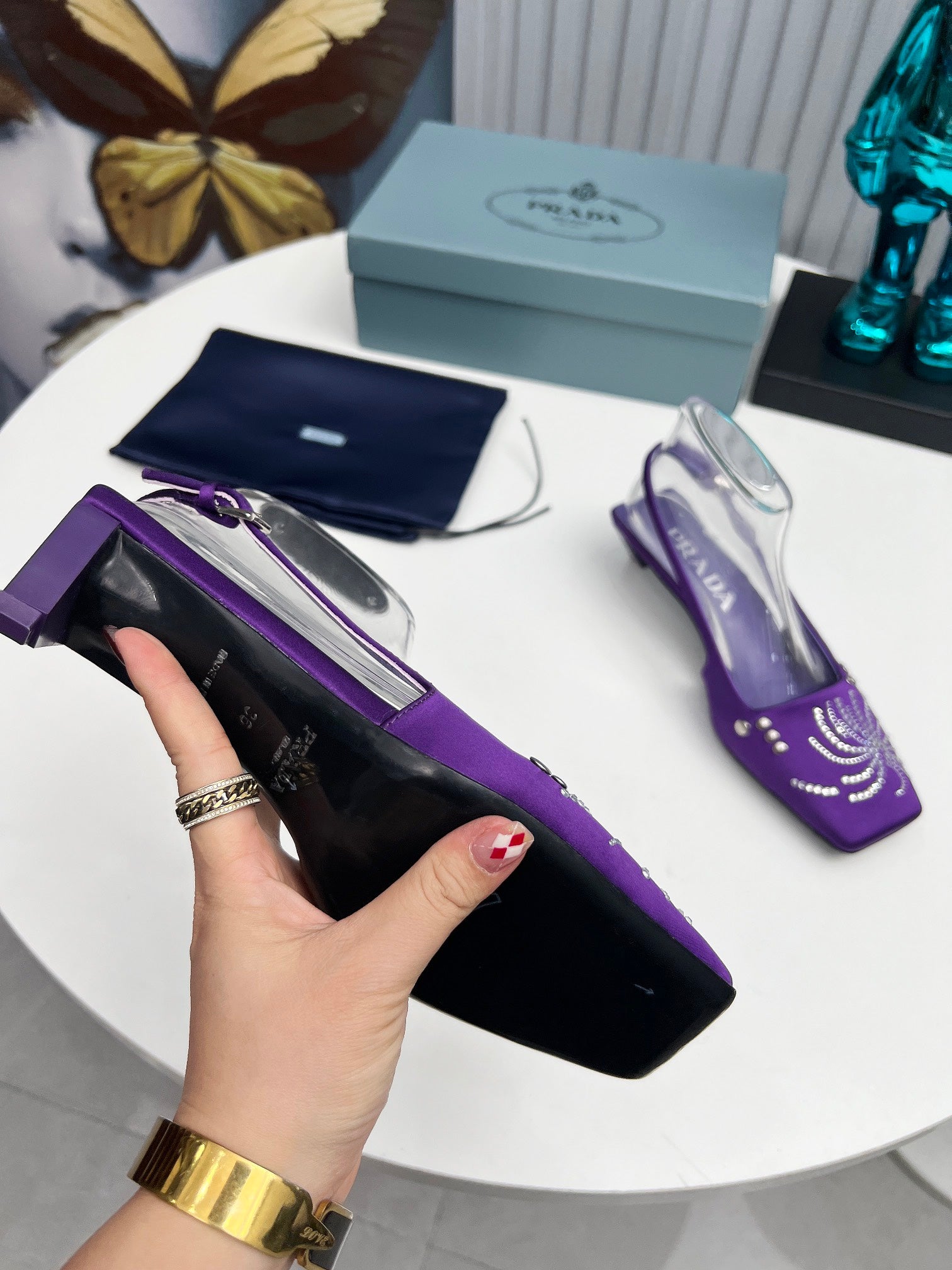 PRADA 26S SLINGBACK PUMPS 40MM IN PURPLE SATIN CRYSTAL EMBELLISHED