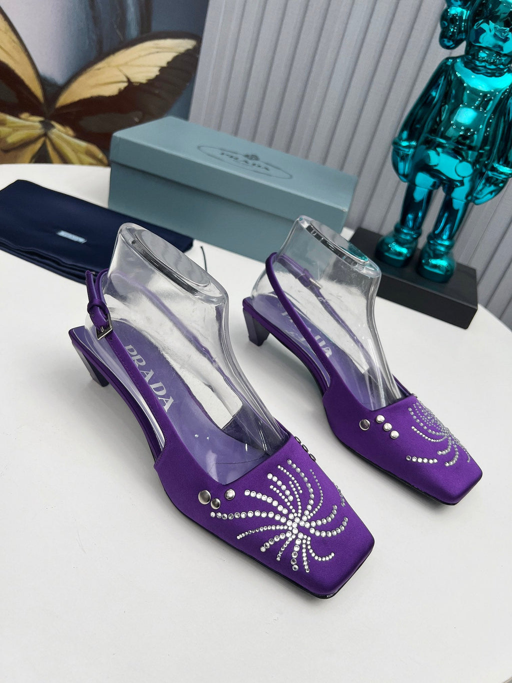 PRADA 26S SLINGBACK PUMPS 40MM IN PURPLE SATIN CRYSTAL EMBELLISHED