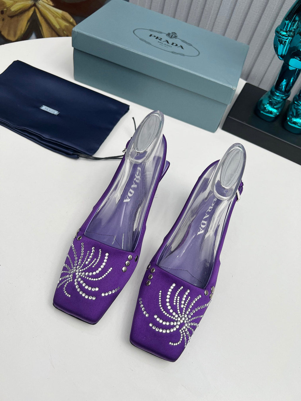 PRADA 26S SLINGBACK PUMPS 40MM IN PURPLE SATIN CRYSTAL EMBELLISHED