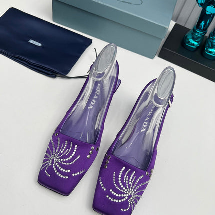 PRADA 26S SLINGBACK PUMPS 40MM IN PURPLE SATIN CRYSTAL EMBELLISHED