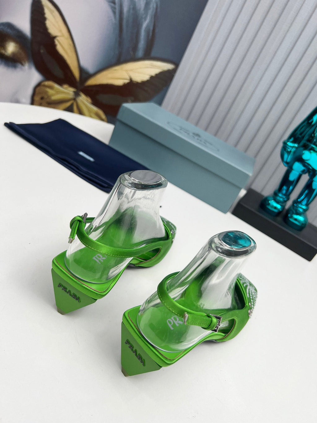 PRADA 26S SLINGBACK PUMPS 40MM IN APPLE GREEN SATIN CRYSTAL EMBELLISHED