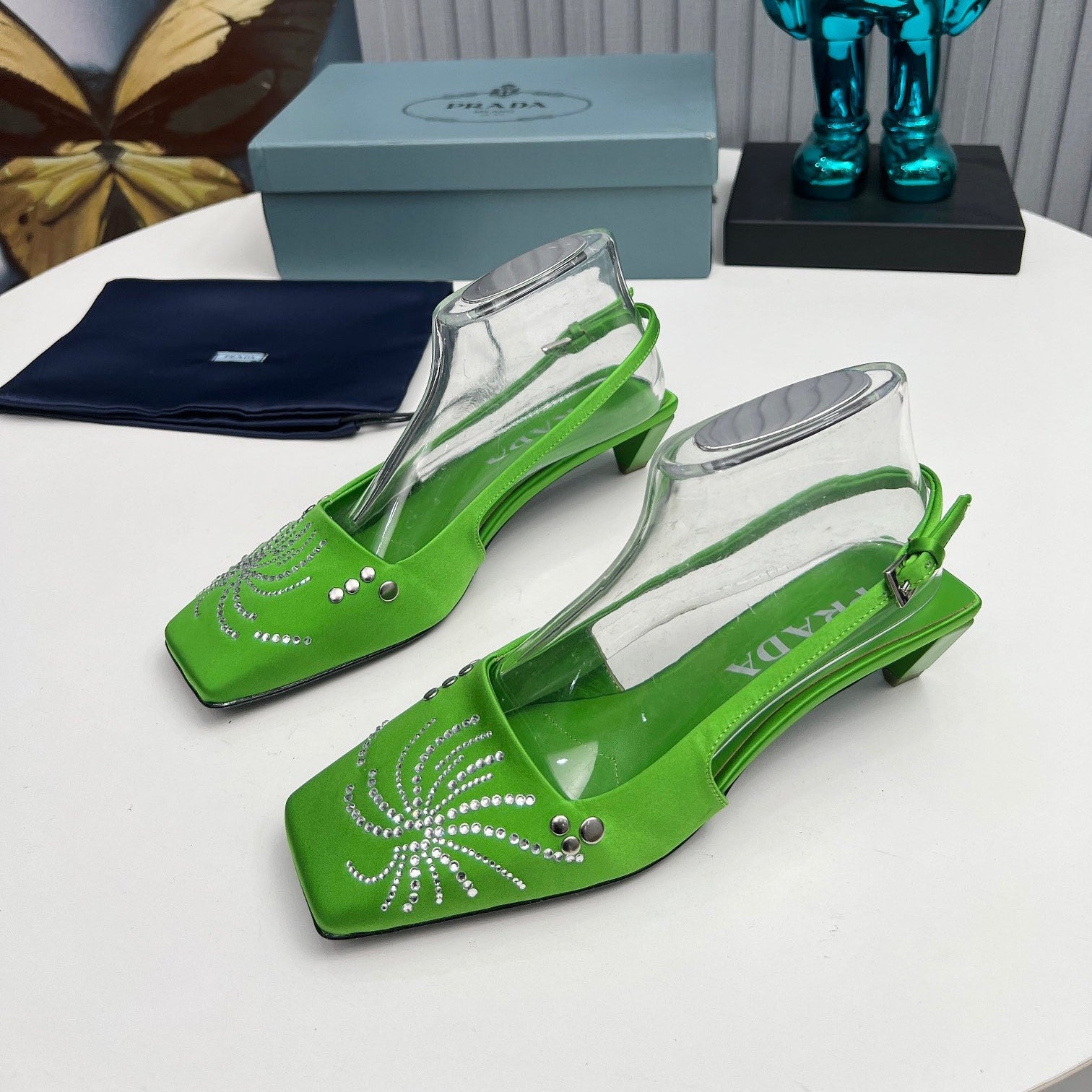 PRADA 26S SLINGBACK PUMPS 40MM IN APPLE GREEN SATIN CRYSTAL EMBELLISHED
