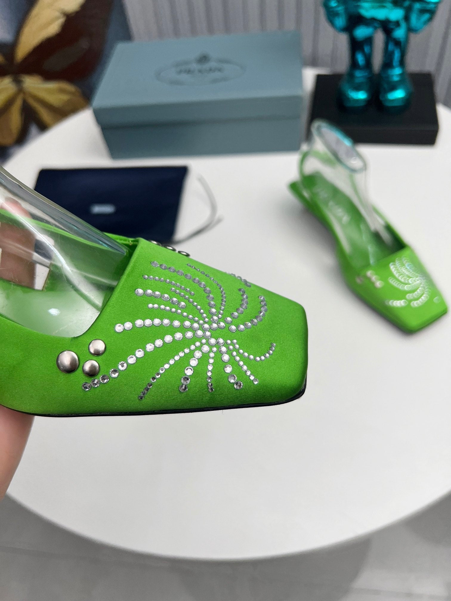 PRADA 26S SLINGBACK PUMPS 40MM IN APPLE GREEN SATIN CRYSTAL EMBELLISHED