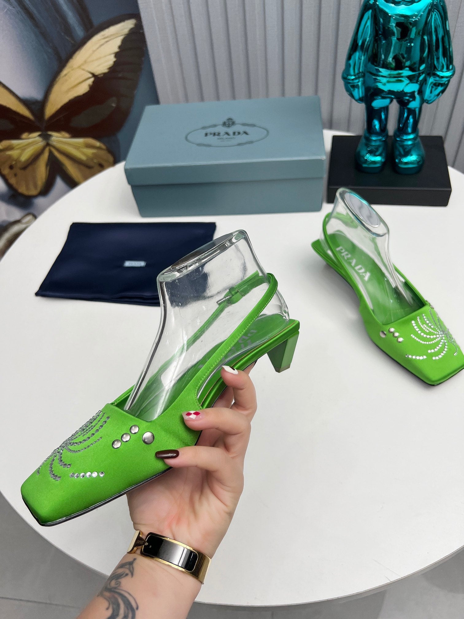 PRADA 26S SLINGBACK PUMPS 40MM IN APPLE GREEN SATIN CRYSTAL EMBELLISHED