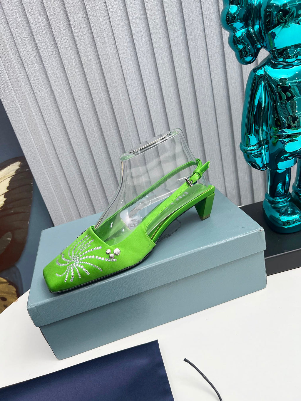 PRADA 26S SLINGBACK PUMPS 40MM IN APPLE GREEN SATIN CRYSTAL EMBELLISHED