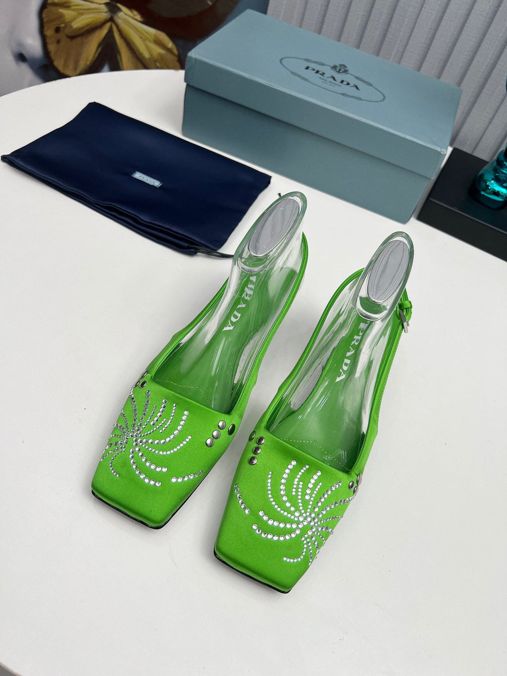 PRADA 26S SLINGBACK PUMPS 40MM IN APPLE GREEN SATIN CRYSTAL EMBELLISHED