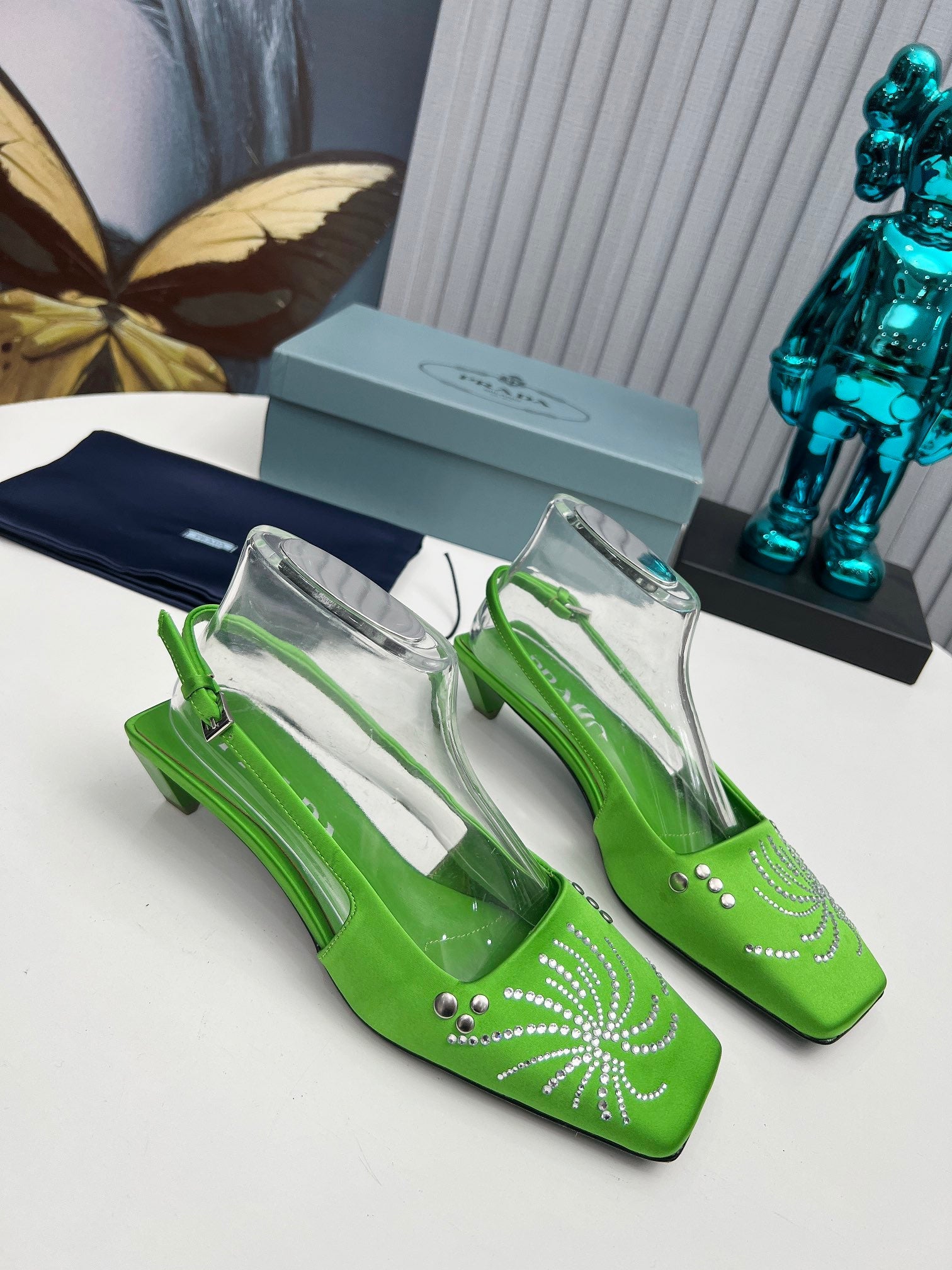 PRADA 26S SLINGBACK PUMPS 40MM IN APPLE GREEN SATIN CRYSTAL EMBELLISHED