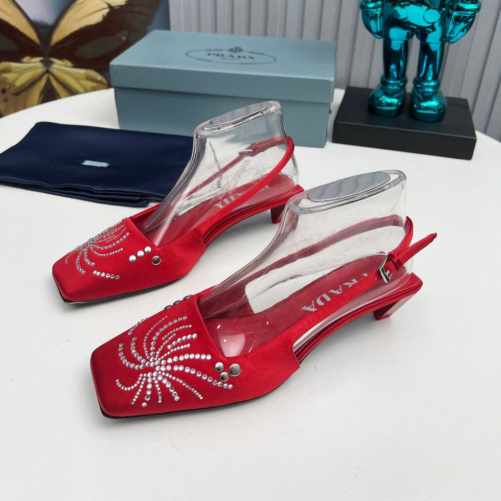PRADA 26S SLINGBACK PUMPS 40MM IN DARK RED SATIN CRYSTAL EMBELLISHED