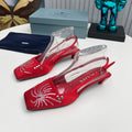 PRADA 26S SLINGBACK PUMPS 40MM IN DARK RED SATIN CRYSTAL EMBELLISHED
