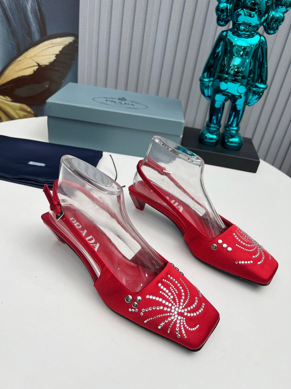 PRADA 26S SLINGBACK PUMPS 40MM IN DARK RED SATIN CRYSTAL EMBELLISHED