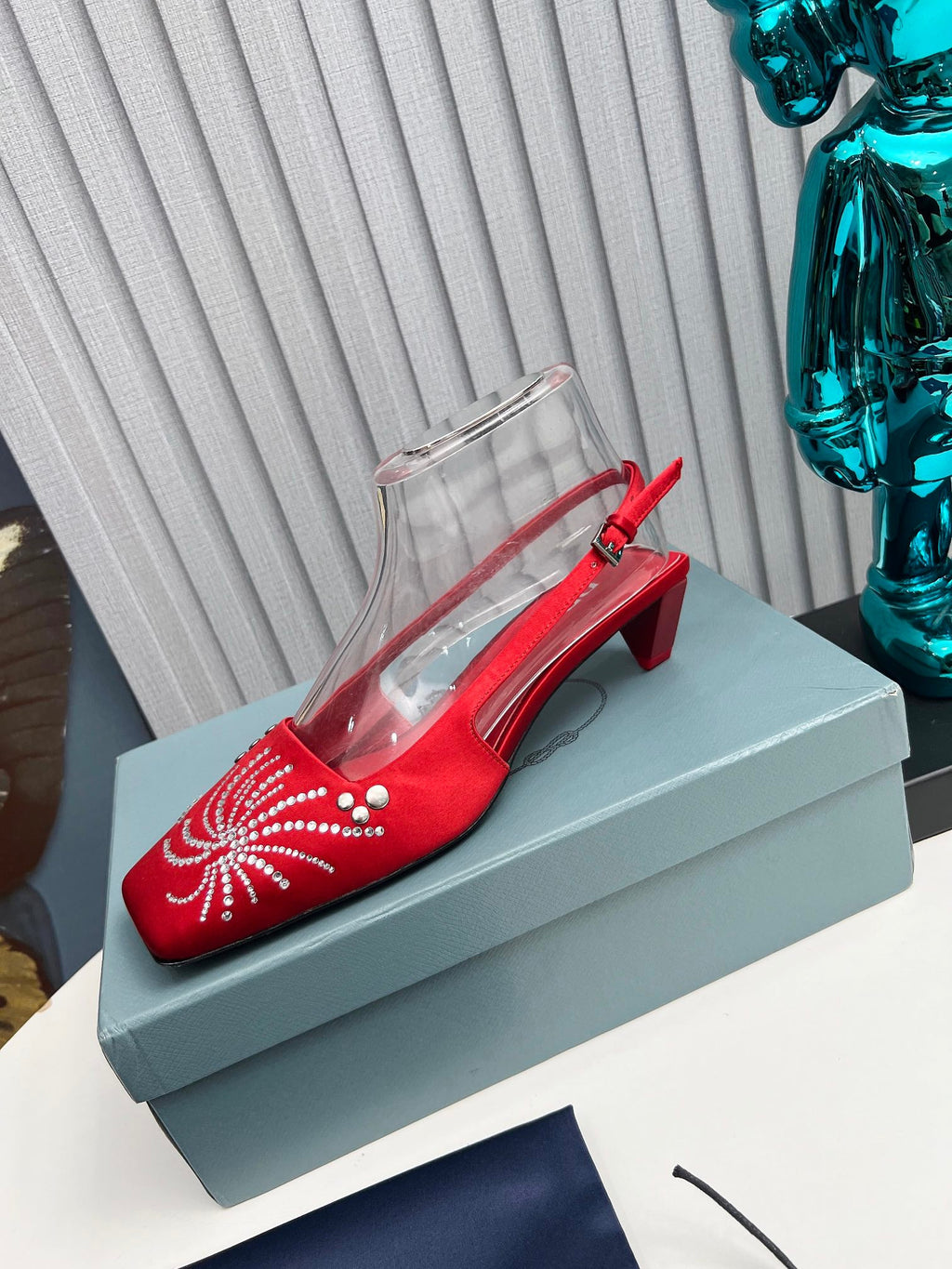PRADA 26S SLINGBACK PUMPS 40MM IN DARK RED SATIN CRYSTAL EMBELLISHED